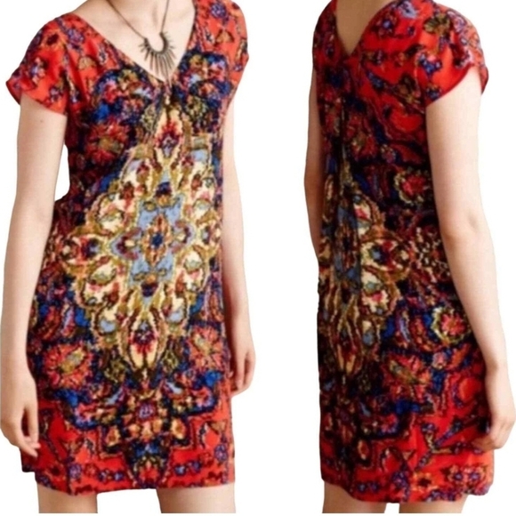 Anthropologie Maeve Watercolor Medallion Mini Sheath Dress Red Multi Small - Picture 1 of 9